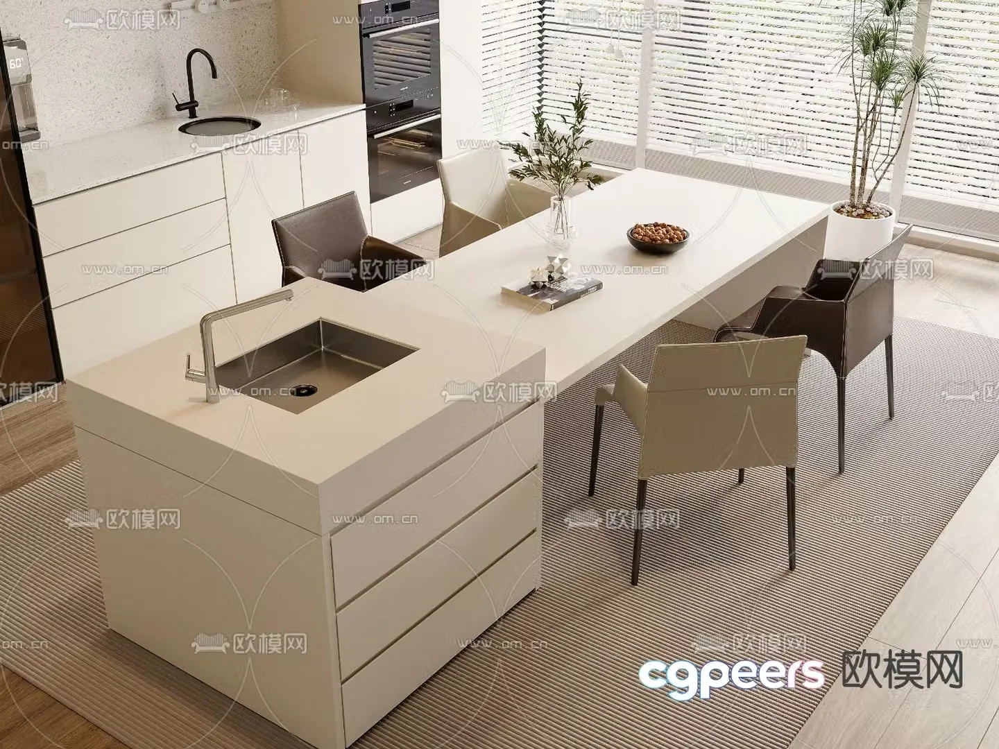 Island dining table and chairs 3d model