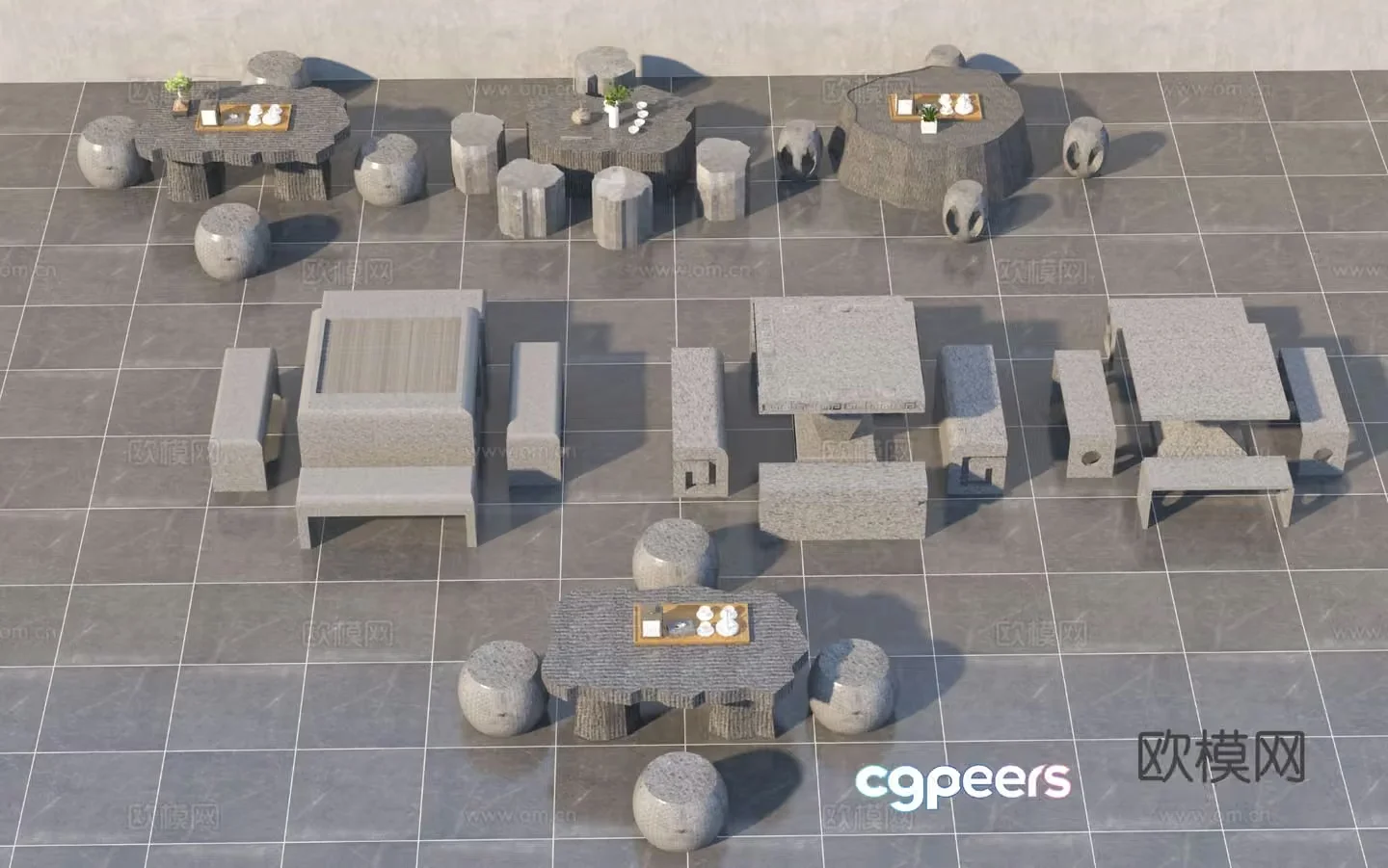 New Chinese style outdoor tables and chairs stone tables and chairs 3d model