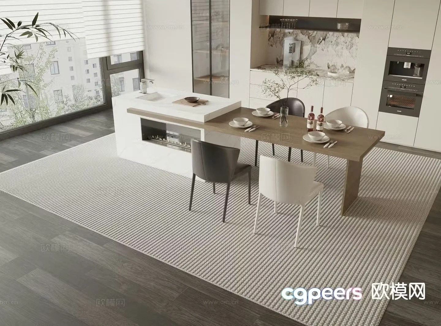 Modern island table dining table and chairs 3d model