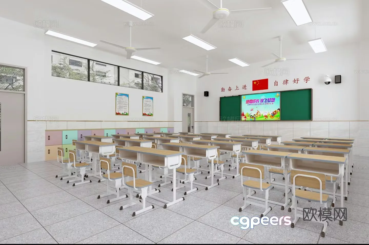 Modern classroom Primary school classroom Primary school desk and chair combination 3D model