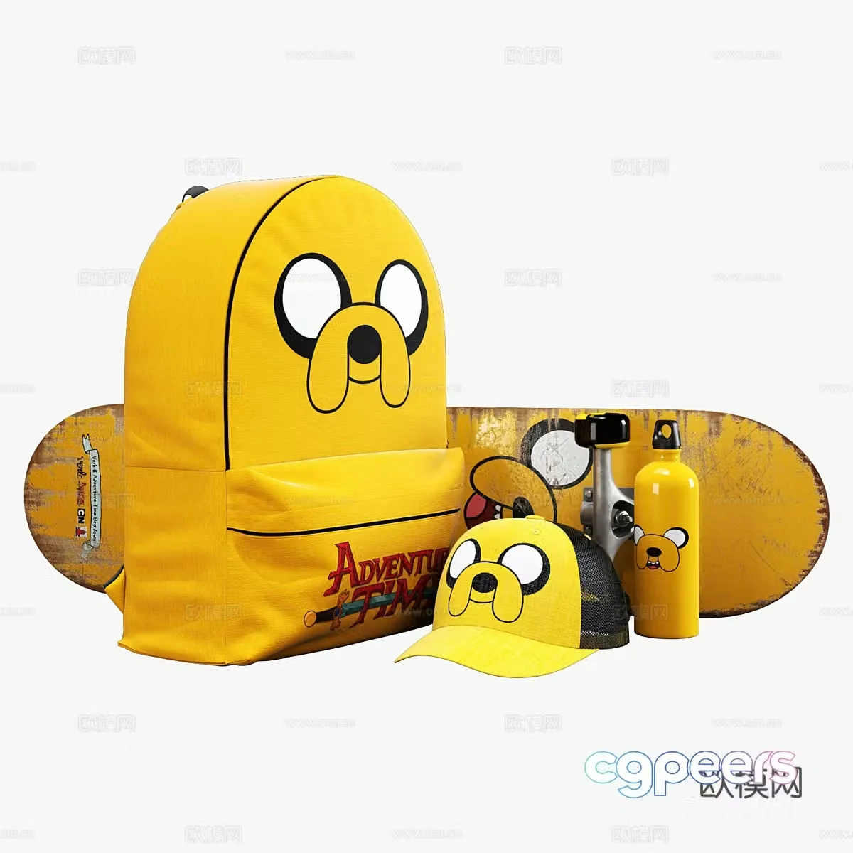 Skateboard Backpack Skating Baseball Cap Water Bottle 3D Model