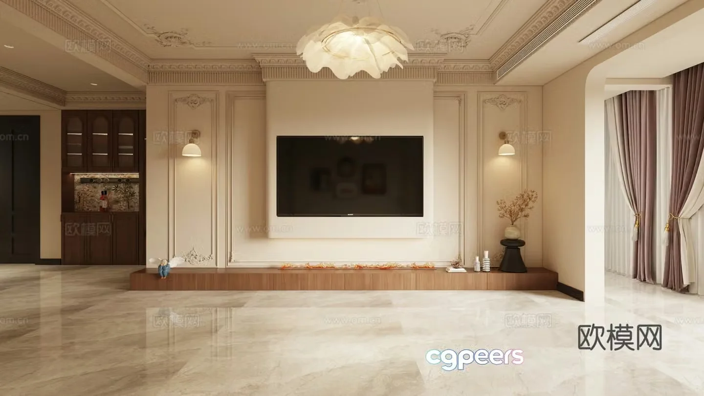 French living and dining room TV background wall 3d model