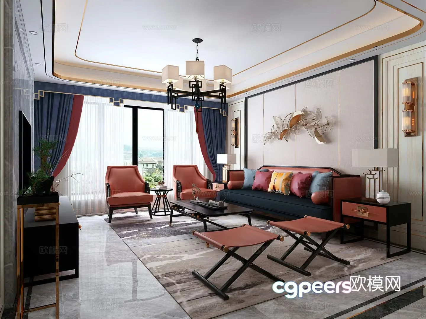 New Chinese style living and dining room sofa curtain carpet 3d model