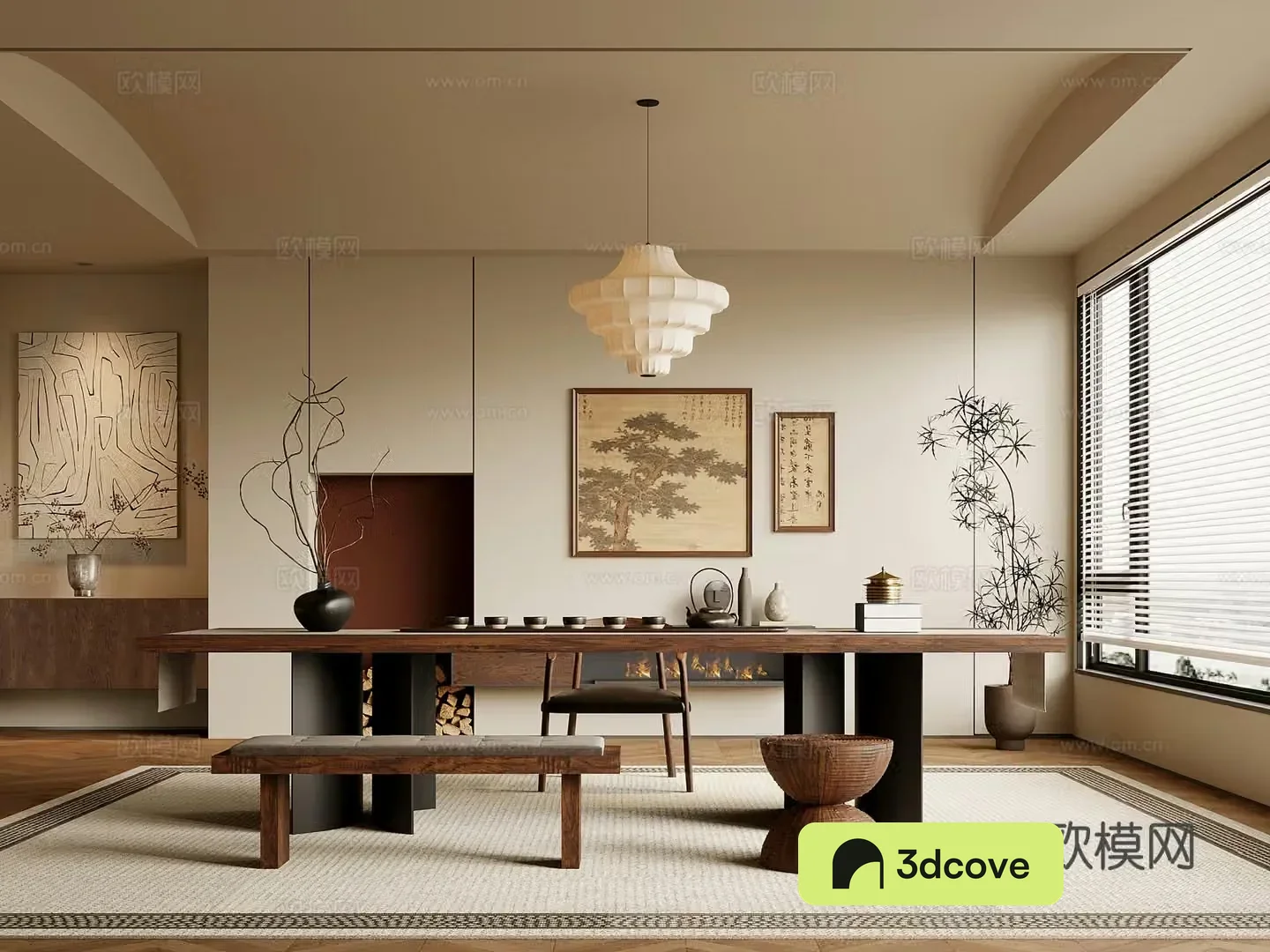 Middle-aged tea room tea table and chair tea set 3D model