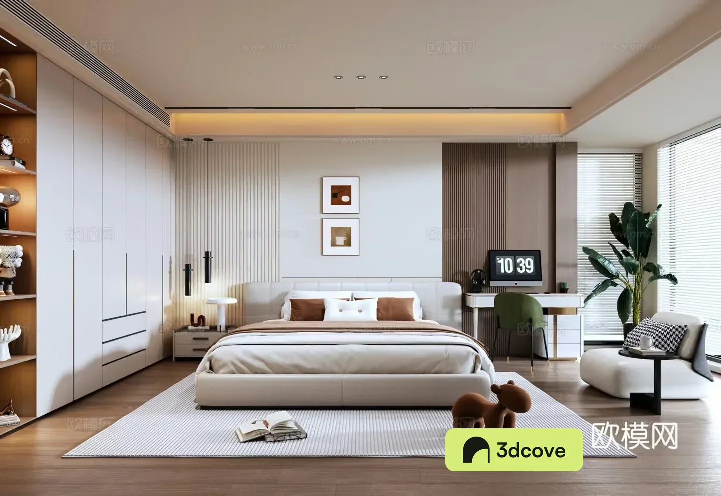 Modern minimalist Italian bedroom wardrobe desk and chair lazy sofa double decorative painting back