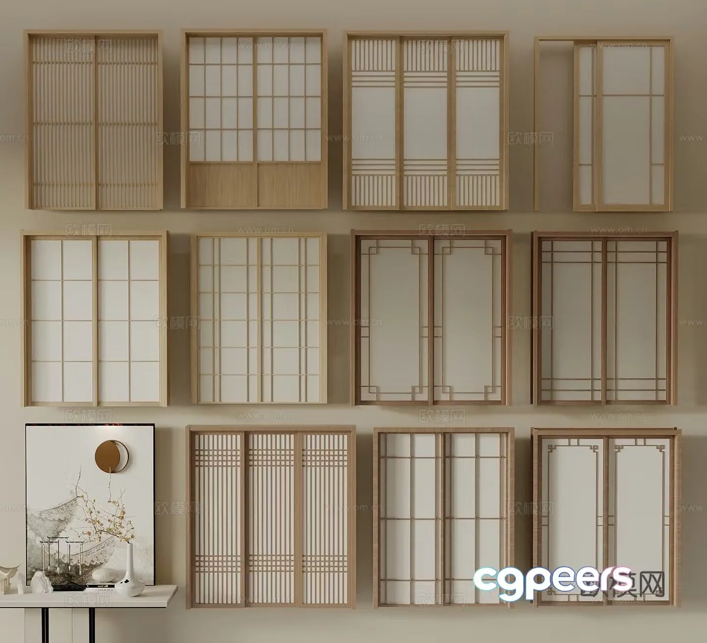 Japanese sliding door folding door lattice door double door 3d model