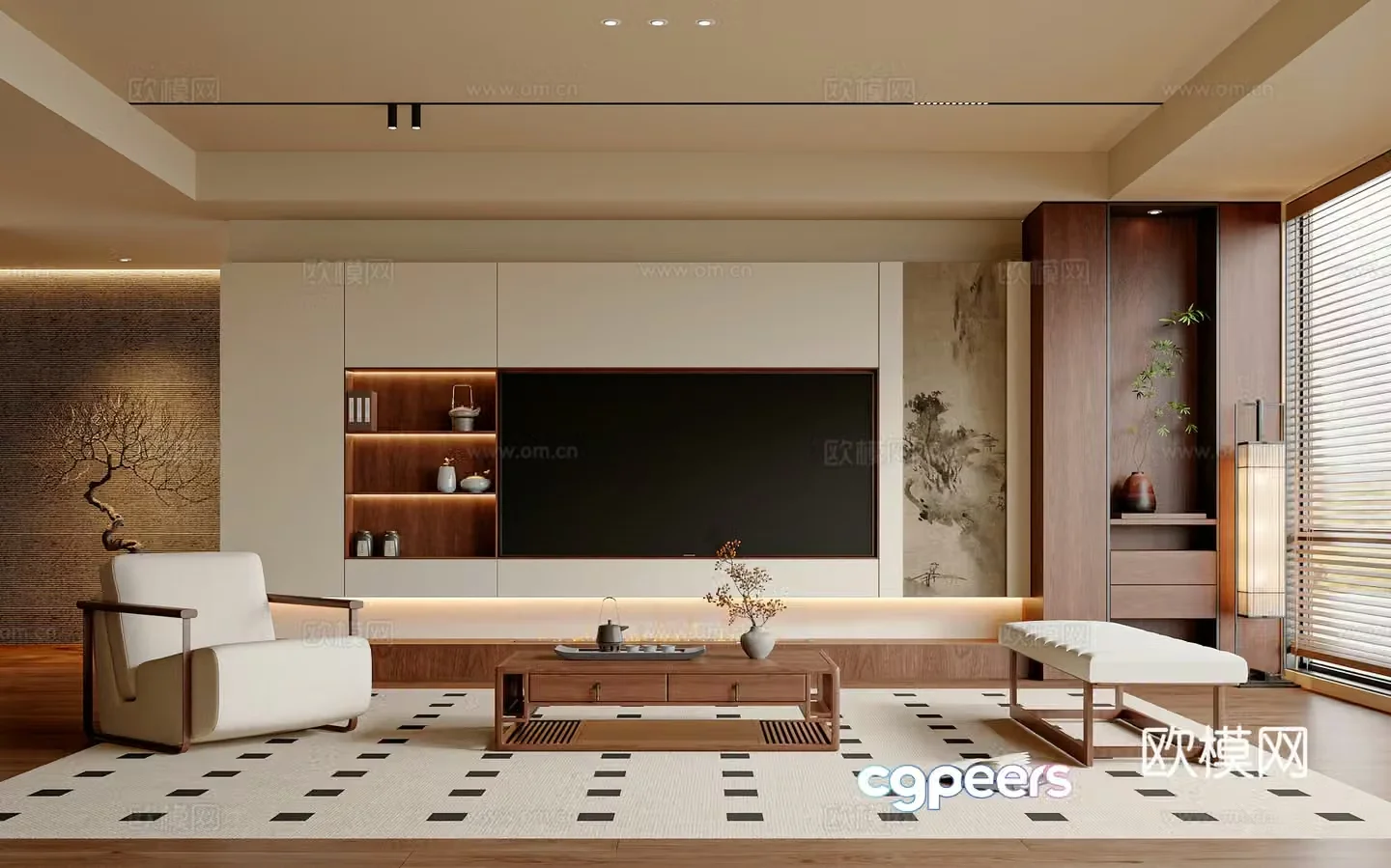 New Chinese Song style living room Chinese style living room TV cabinet Sofa coffee table combination Leisure chair 3D model