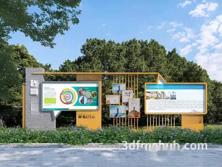 A Large Outdoor Sign With Multiple Boards And A Yellow Frame 3D Model – 22687 – VRAY Render