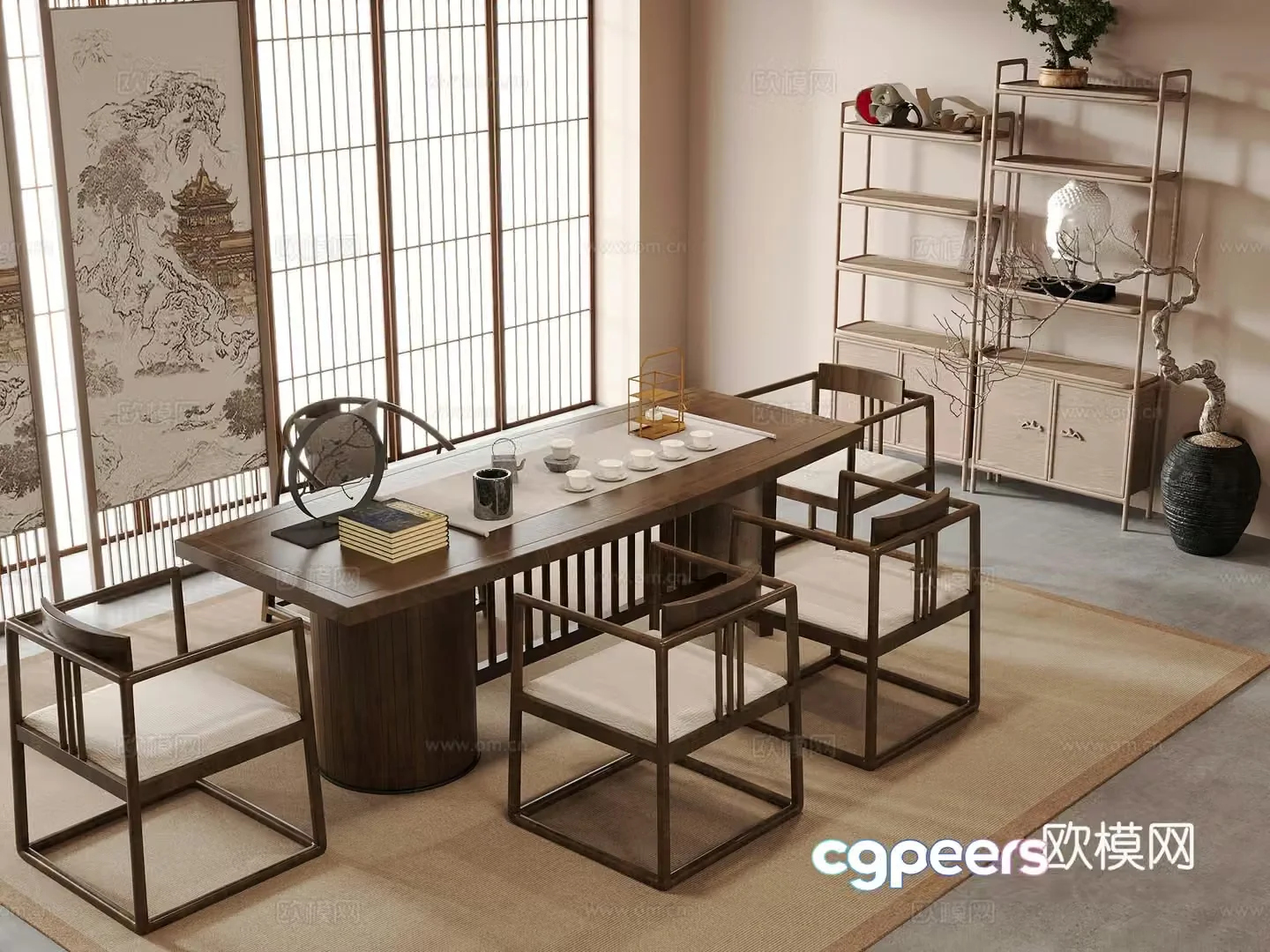 New Chinese Zen Tea Room Tea Table and Chair Combination Tea Cabinet Screen 3D Model