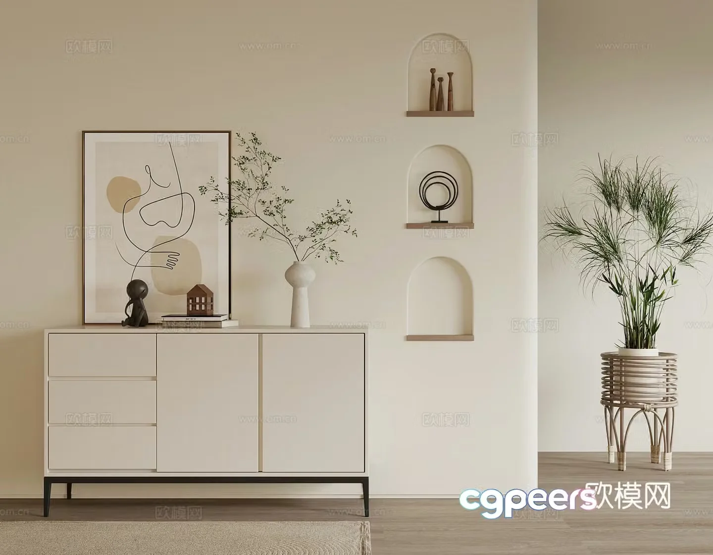 Cream style entrance cabinet side cabinet 3D model