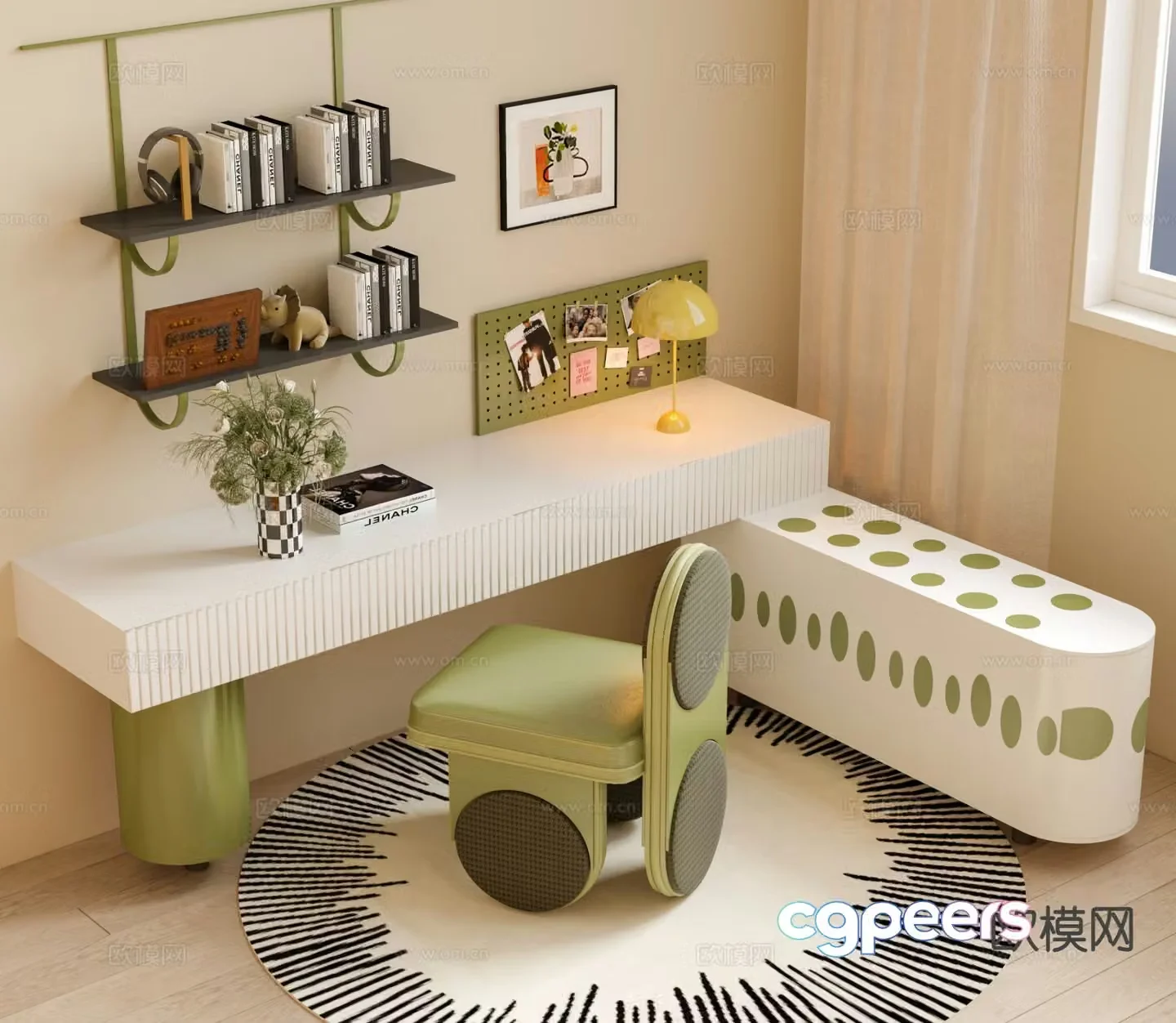 Cream style desk and chair children’s desk and chair 3d model