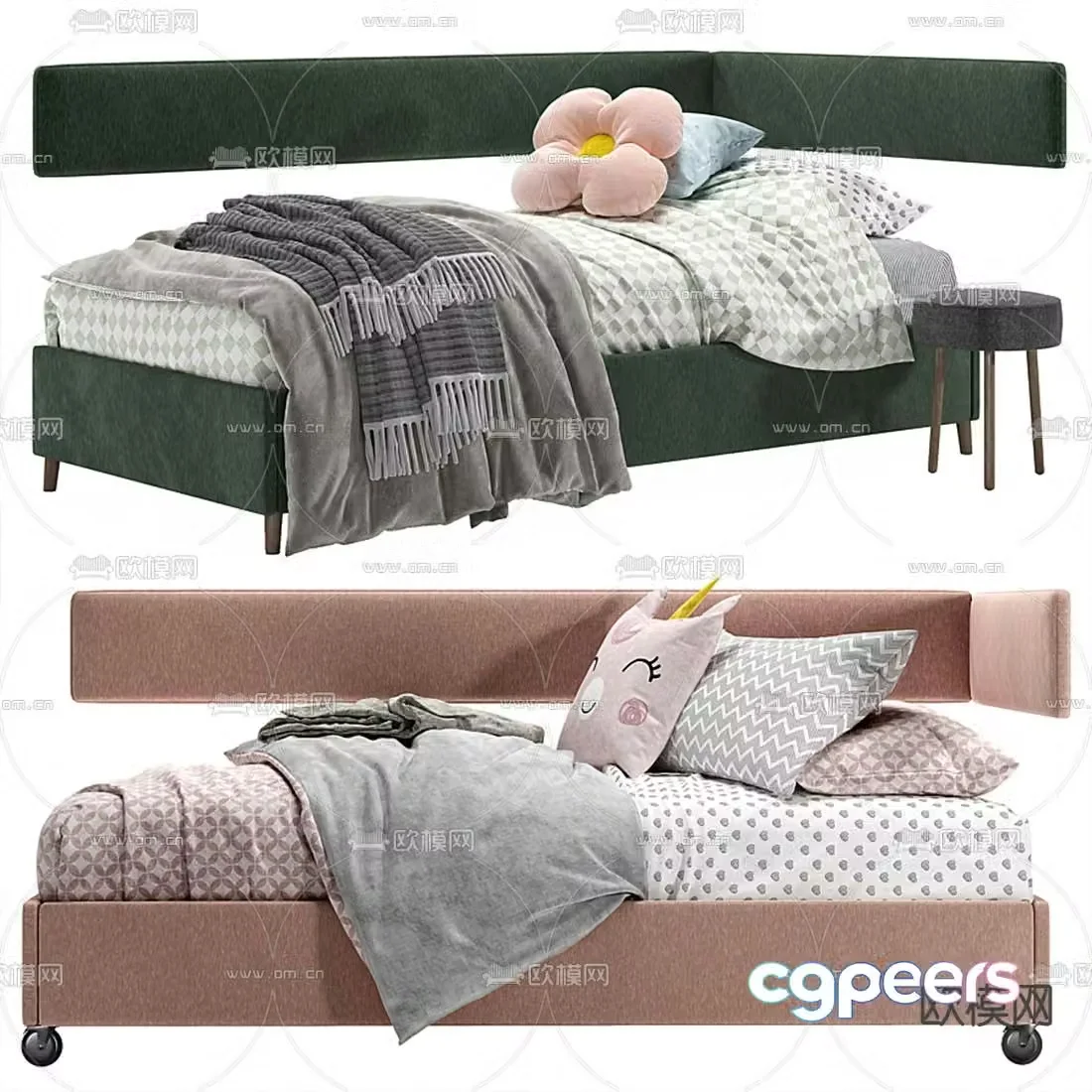 Modern green fabric children’s bed 3d model