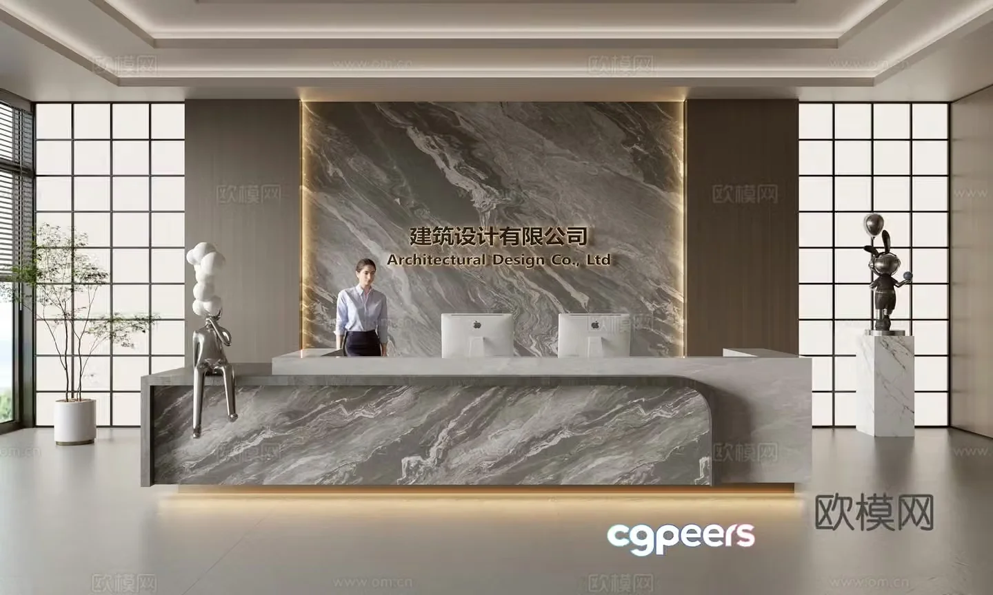 Modern company front desk reception area bar reception desk service desk company front desk background 3D model