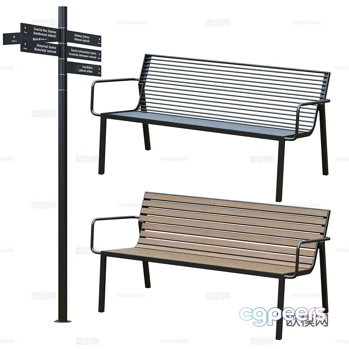 Park bench trash can and direction sign 3d model