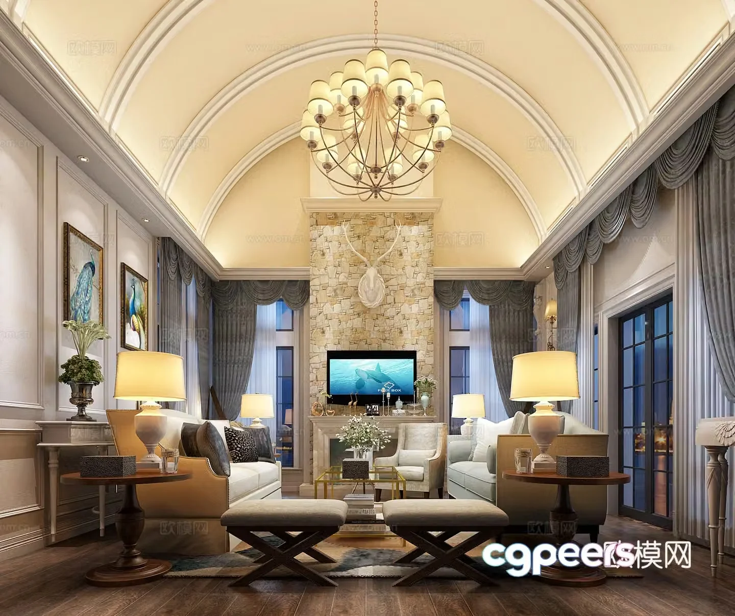 American vaulted roof living room 3d model