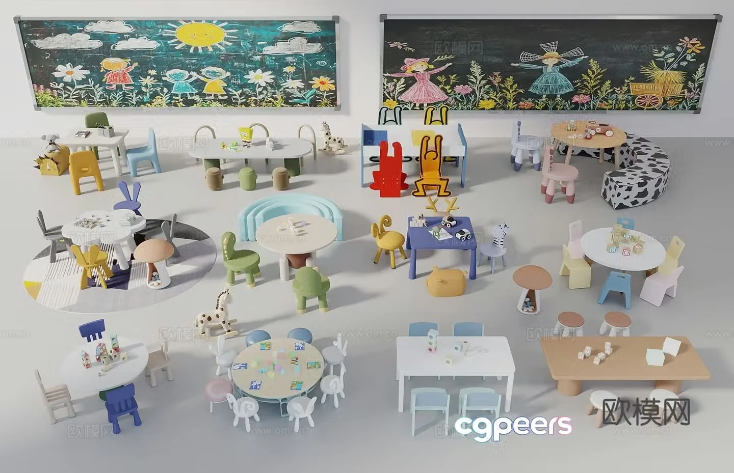 Children’s table and chair combination Children’s building block table and chair Children’s toy table and chair Children’s interactive table and chair Blackboard 3D model