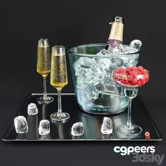 3ds Max Free – A bottle of champagne on a tray with ice and raspberries