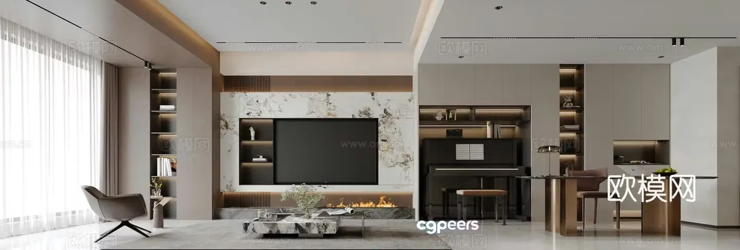 Modern living and dining room 3d model