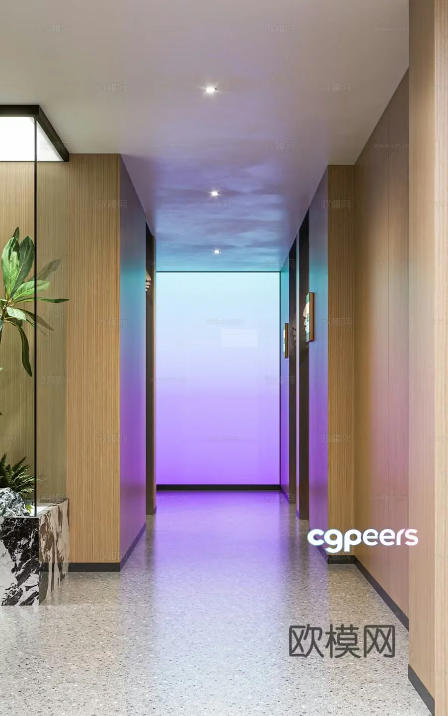 Modern hotel corridor Cyberpunk hotel corridor End view Landscape Light film 3D model