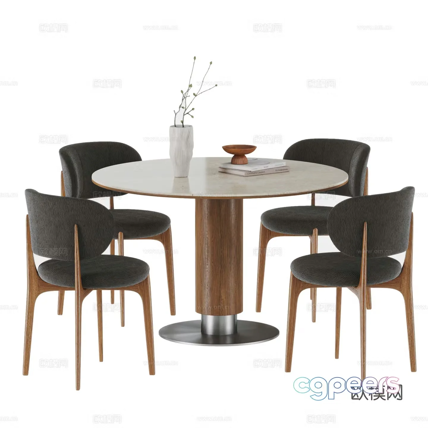 Medium style dining table and chair combination Round dining table Rock slab dining table Medium style dining chair 3D model