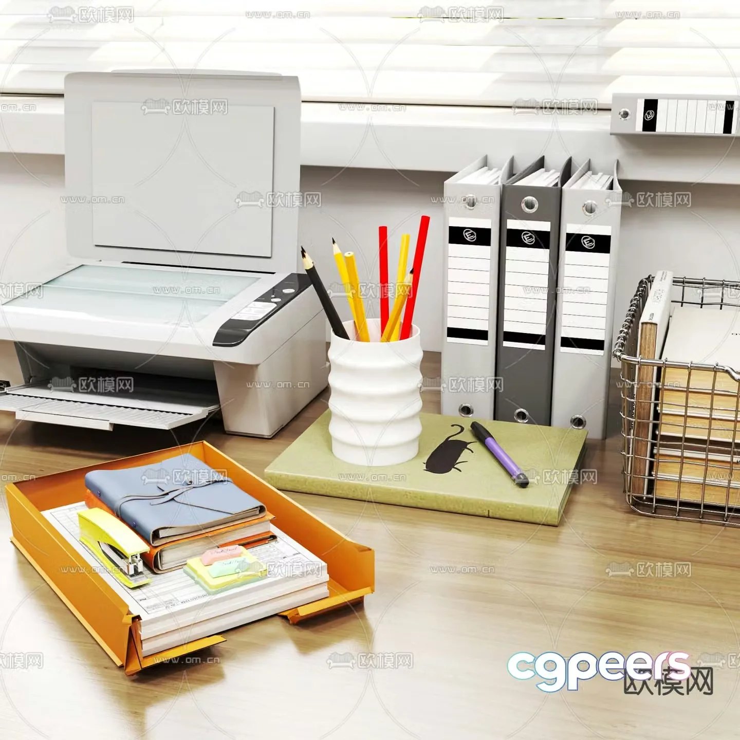 Office supplies printer folder pen holder 3d model