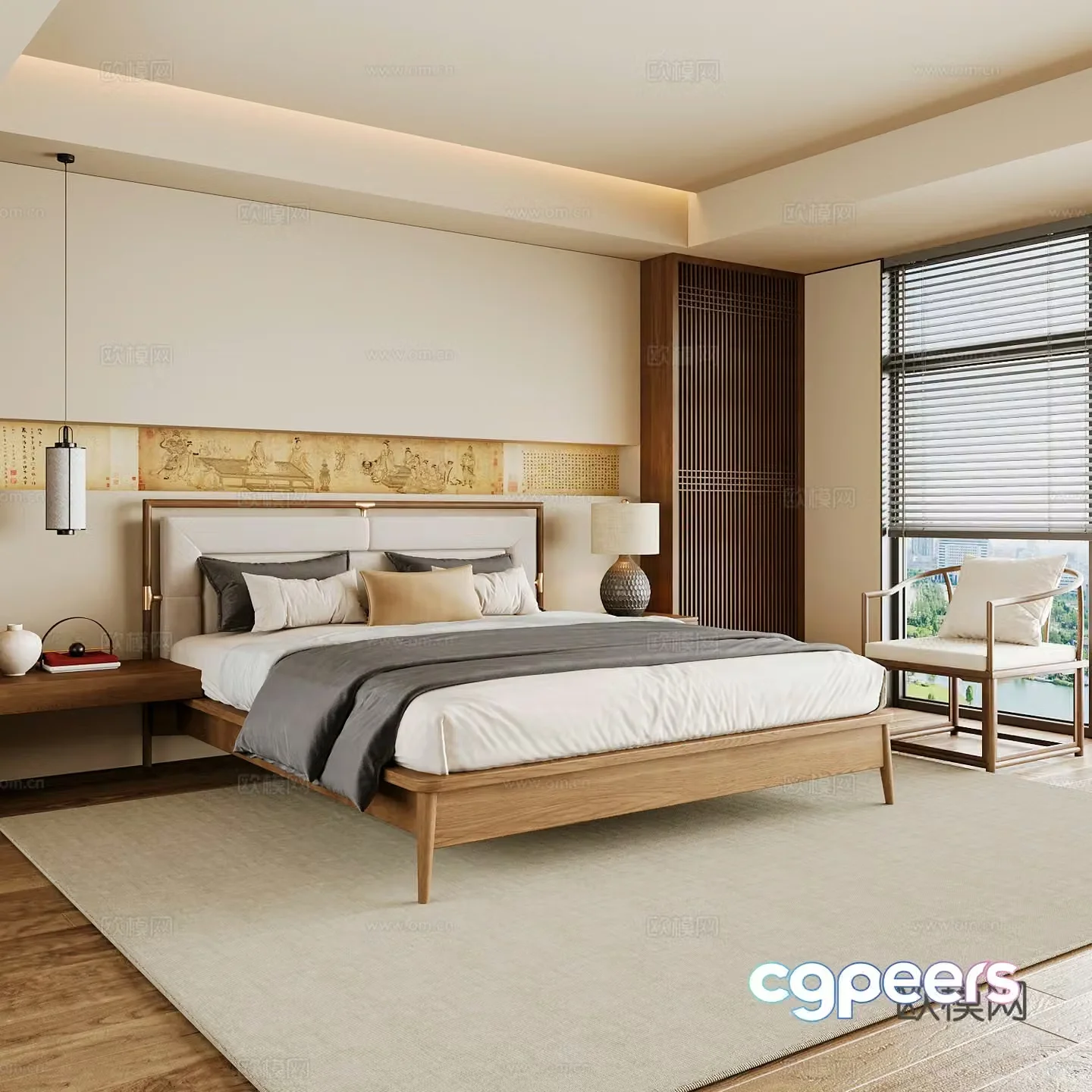 New Chinese style home bedroom Song family aesthetic bedroom Song style bedroom New Chinese style double bed 3D model