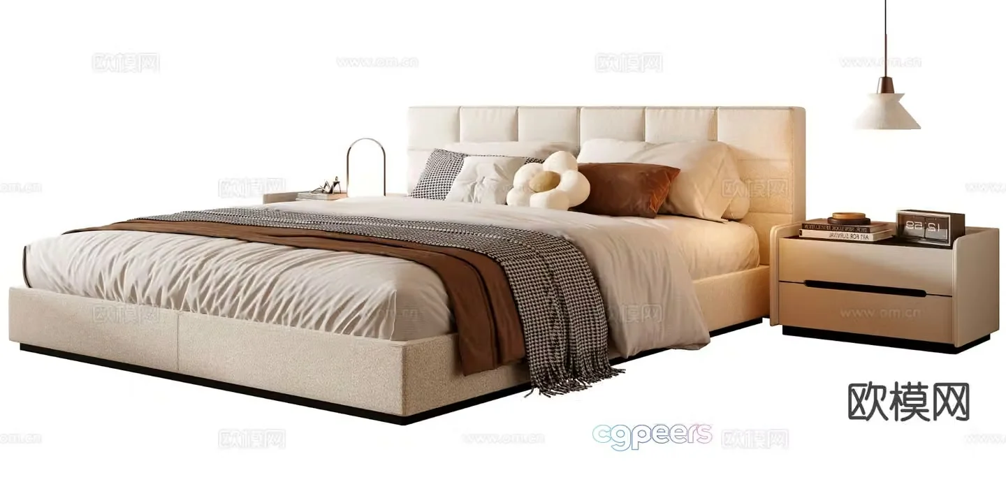 Cream style double bed 3d model