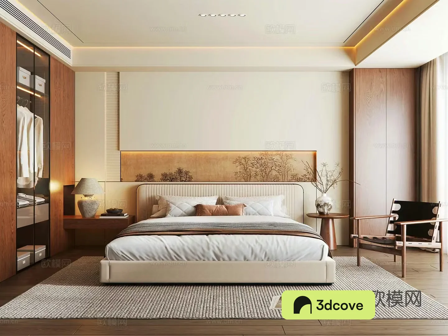 Modern medieval home bedroom Modern fabric double bed Bedside lounge chair Modern wardrobe