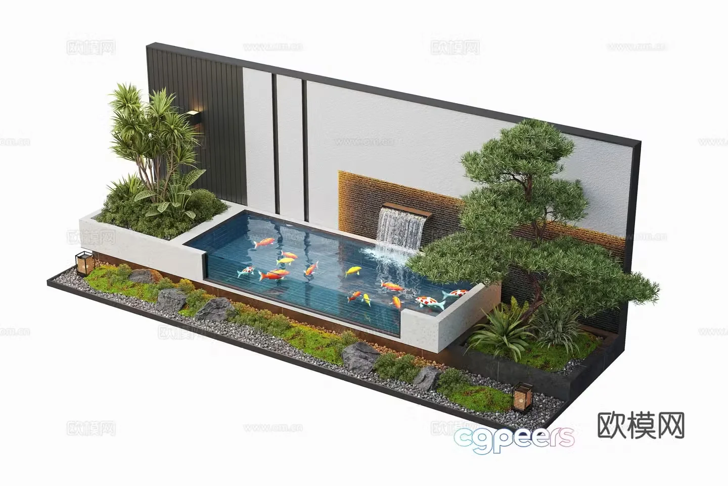 Modern courtyard waterscape waterscape wall stacked water landscape plants fish pond 3d model