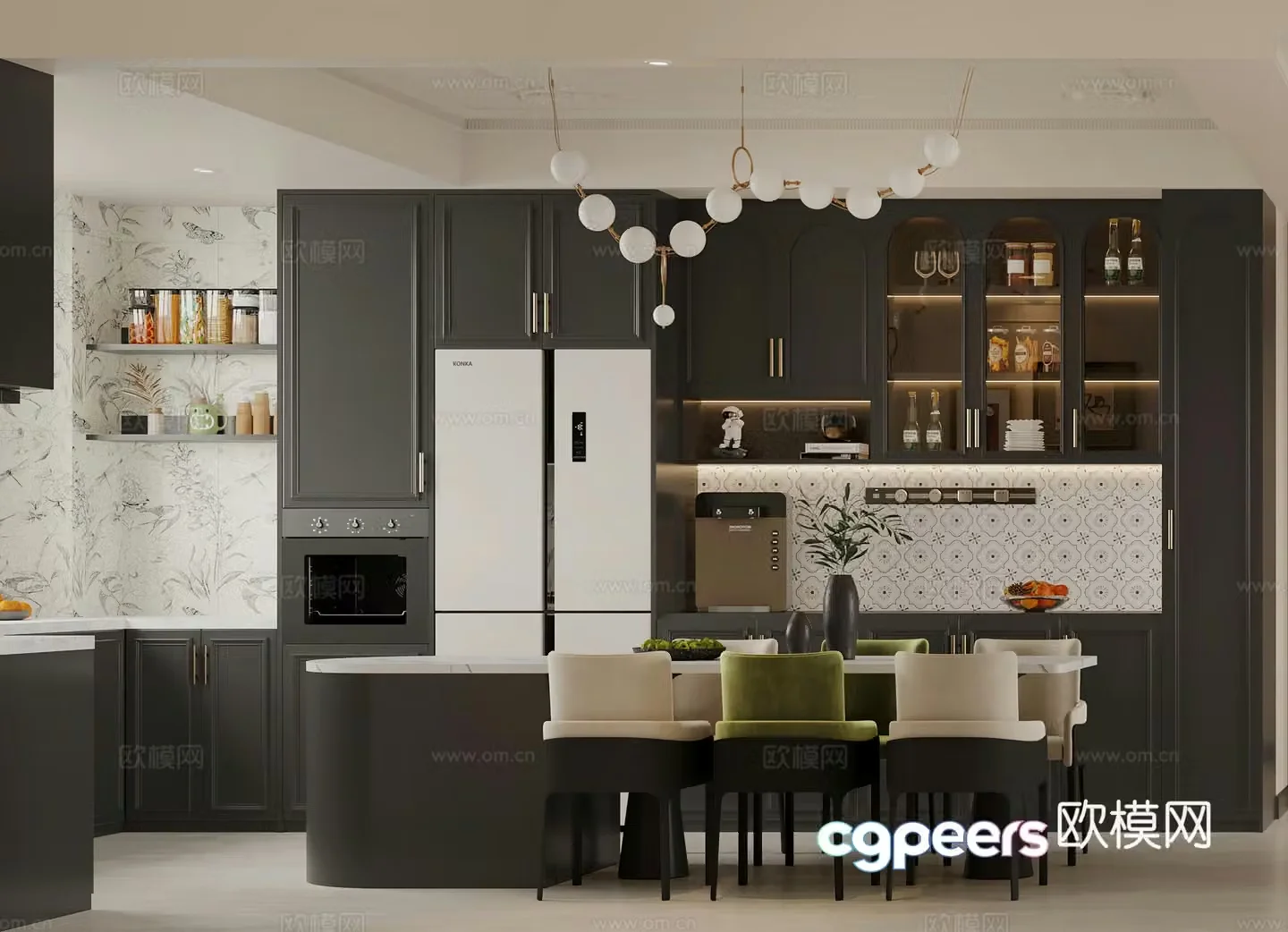 French restaurant wine cabinet refrigerator island open kitchen western kitchen American retro restaurant 3d model