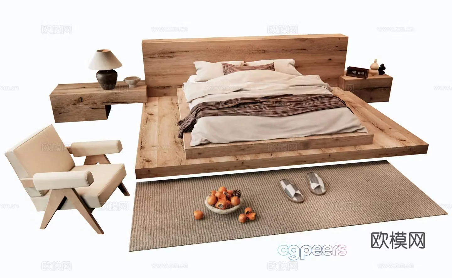 Wasabi B&B Double Bed Log Double Bed Leisure Chair 3D Model