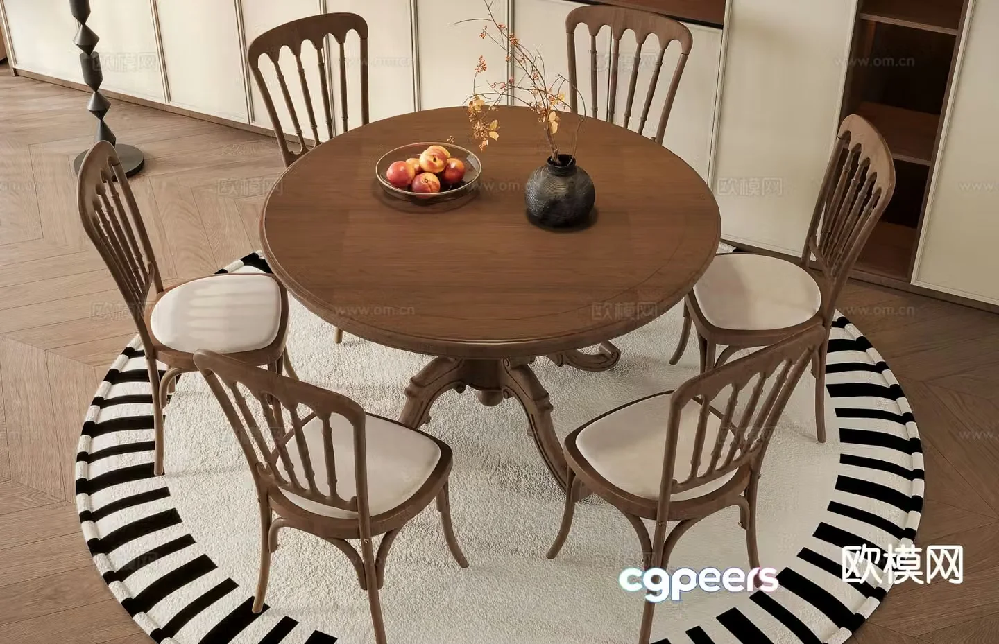 American round dining table and chairs 3d model