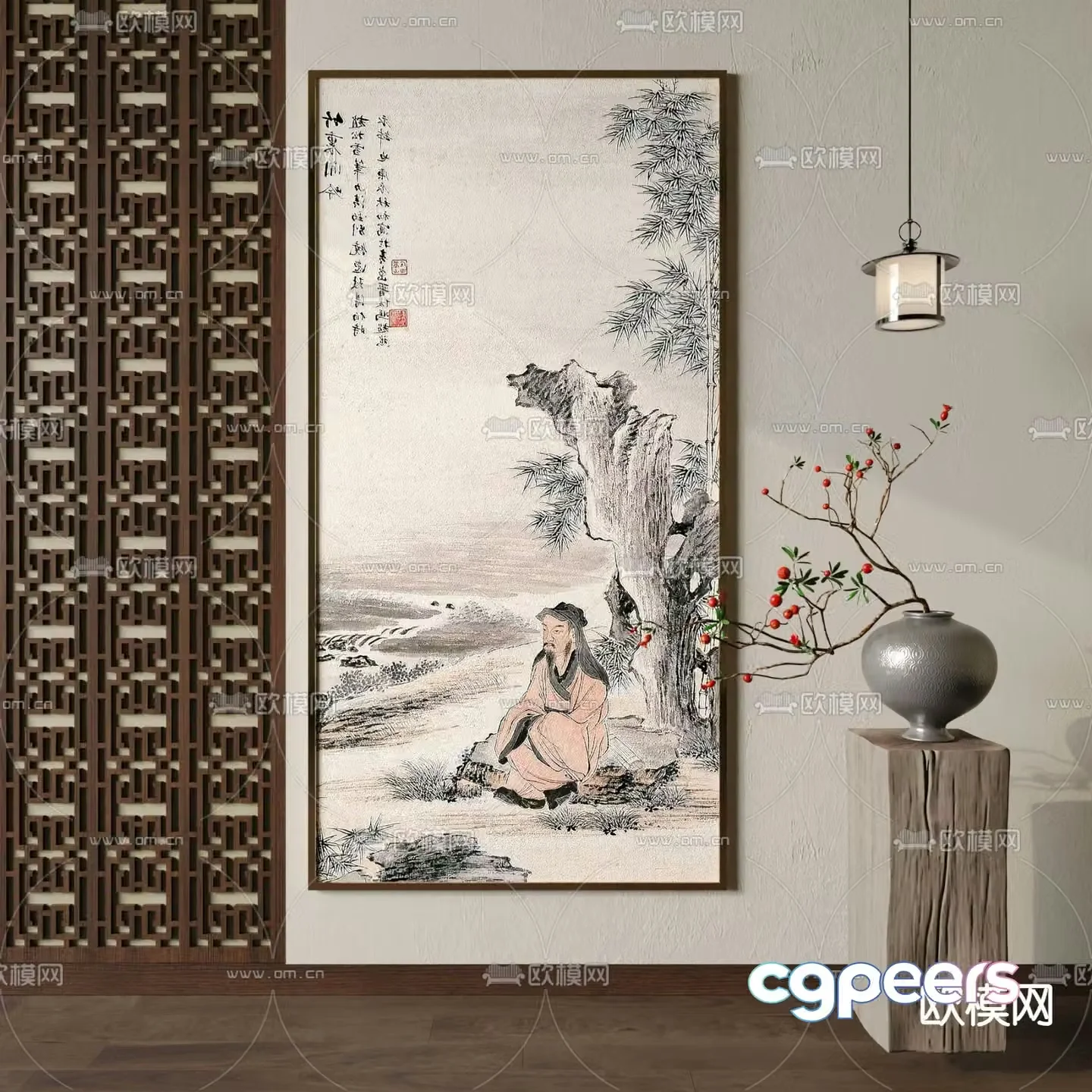 New Chinese-style figure painting calligraphy and painting decorative painting 3D model