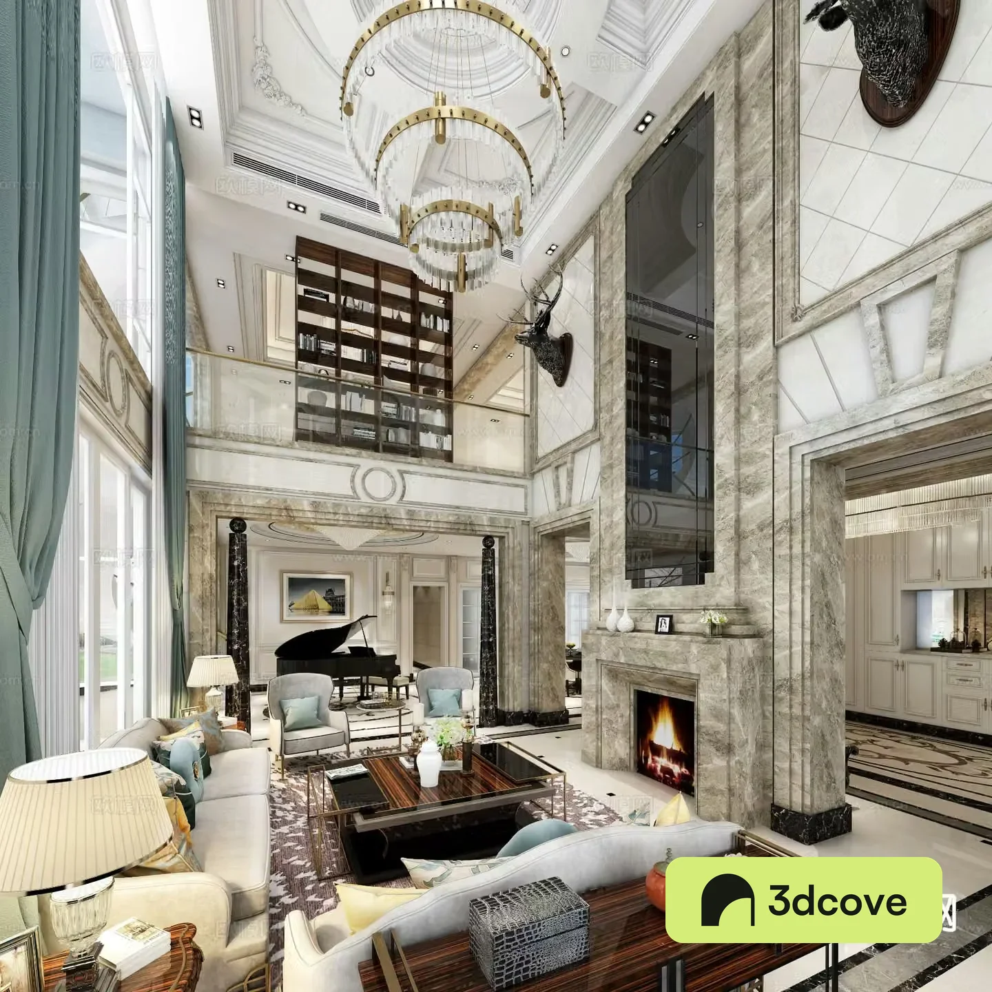 European style villa living room 3d model of villa lobby