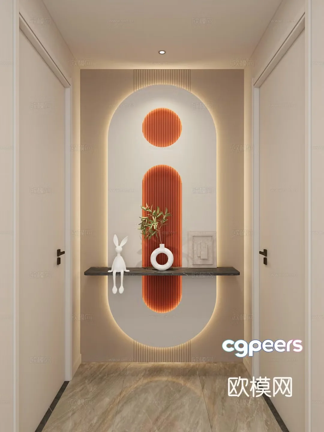 Cream Simple Style Arc Lighting Grille Corridor End View Entrance Entrance 3D Model