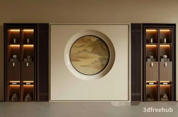 A Minimalist Asian-Inspired Room With A Large Circular Painting And Two Tall Shelves On 3D Model – 22911 – VRAY Render