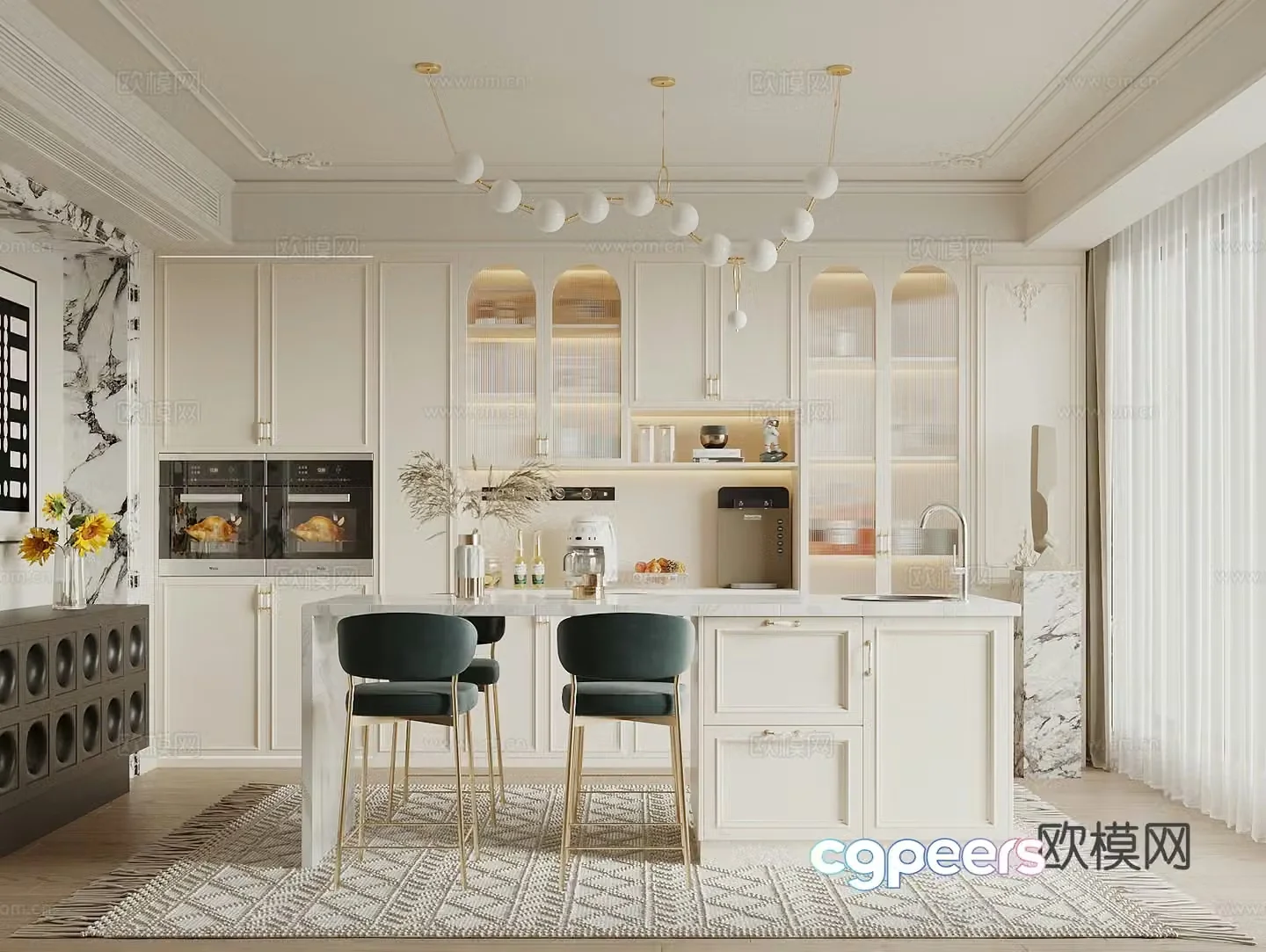 French cream style restaurant island dining table and chair combination wine cabinet sideboard restaurant chandeliers hanging painting 3D model