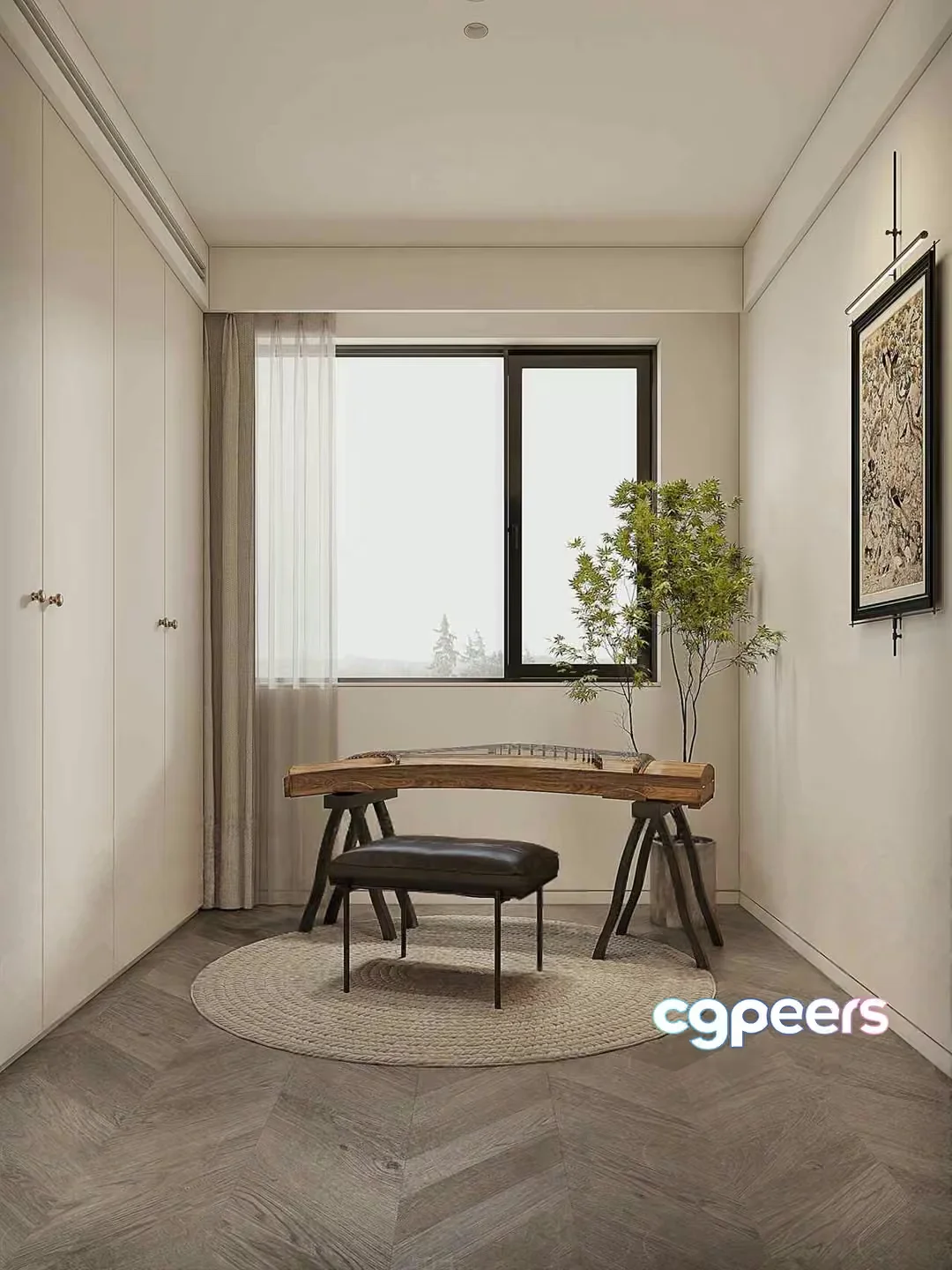 A Minimalist Room With A Wooden Bench 3D Model – 13796 – CORONA Render