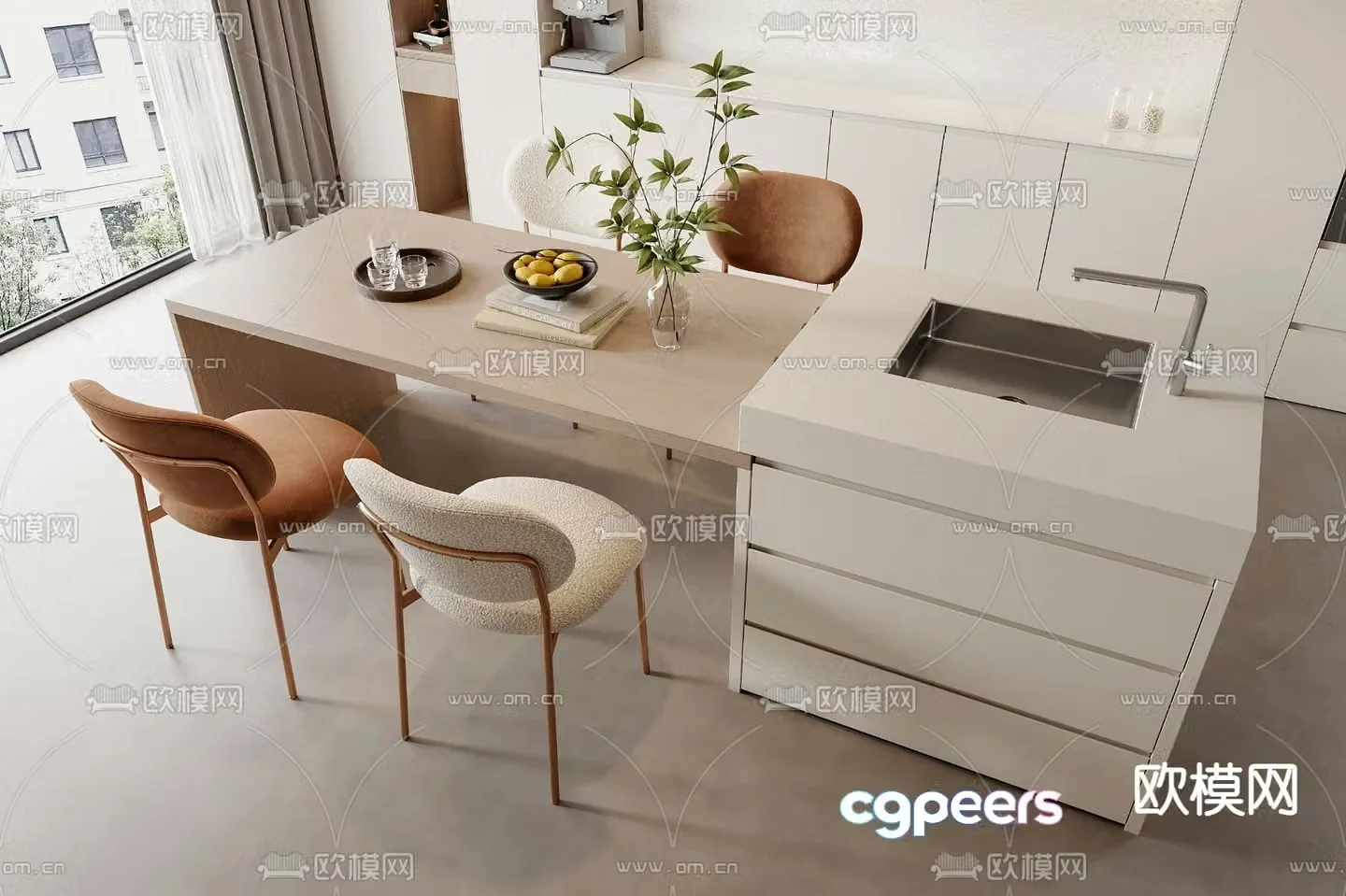 Modern island dining table and chairs 3d model