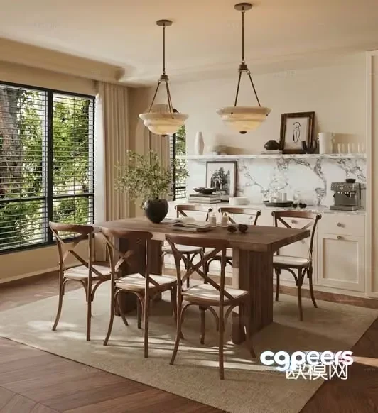 A Dining Room With A Wooden Table And Chairs 3D Model – 14222 – CORONA Render