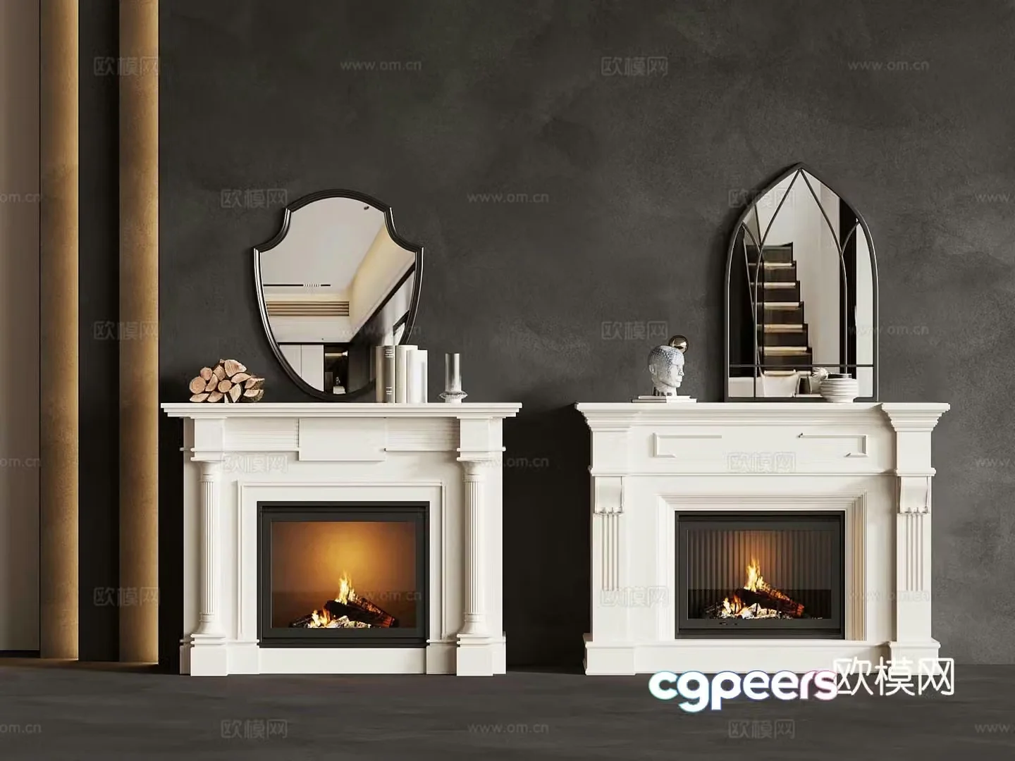 French fireplace electronic fireplace firewood pile flame 3d model