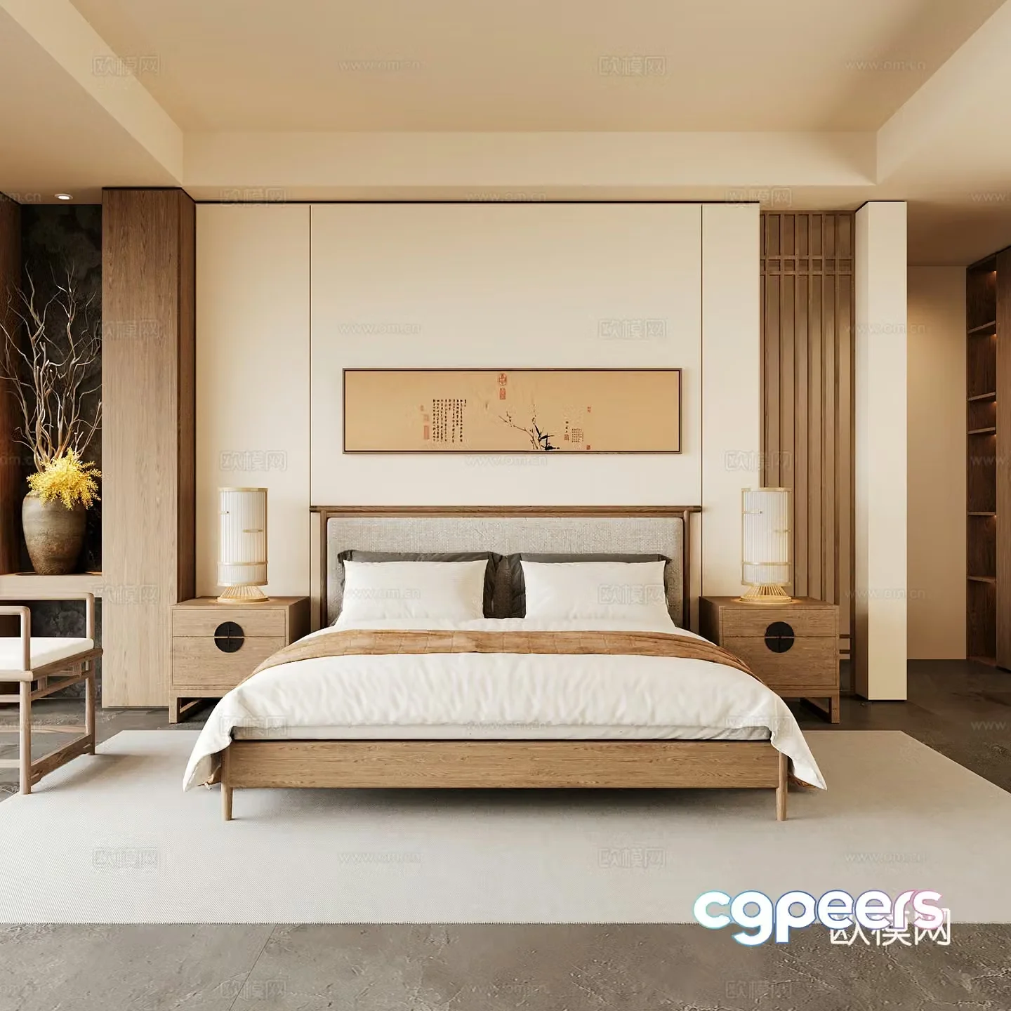 New Chinese style home bedroom Song family aesthetic bedroom Song style bedroom New Chinese style double bed 3D model