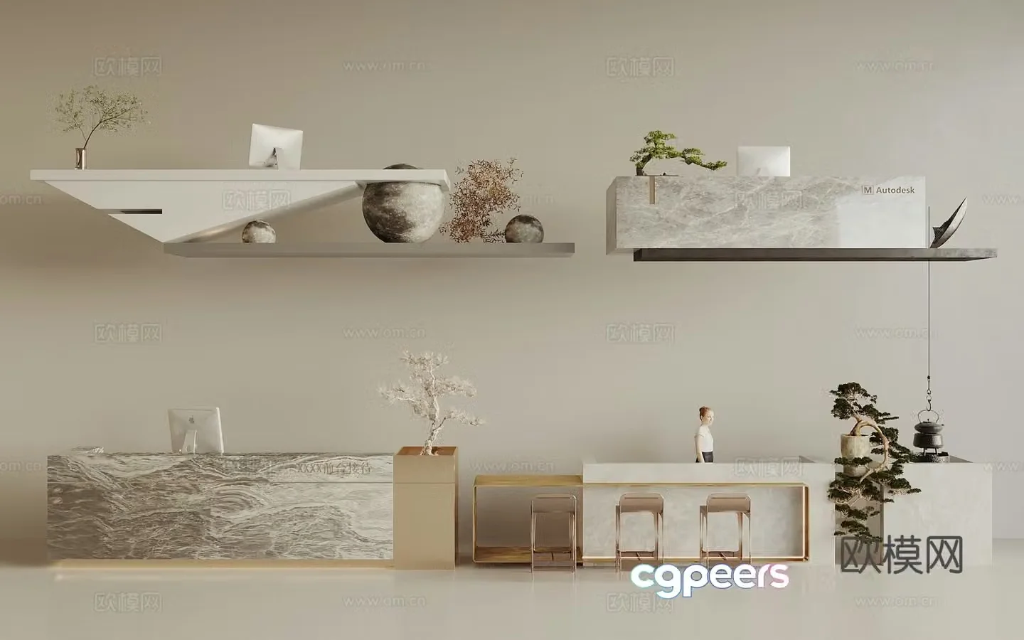 New Chinese style reception desk front desk service desk 3d model