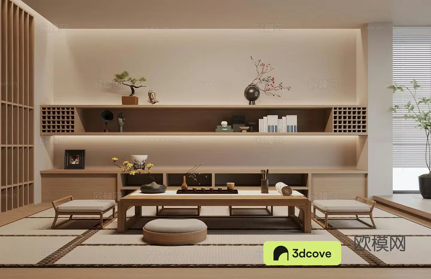Middle-aged tea room tea tasting area Japanese tea room tatami tea room tatami tea table and chair teapot 3D model