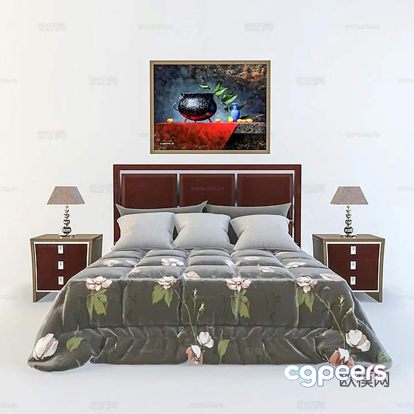 Simple European double bed fabric bed bed night counter lamp combination 3D model