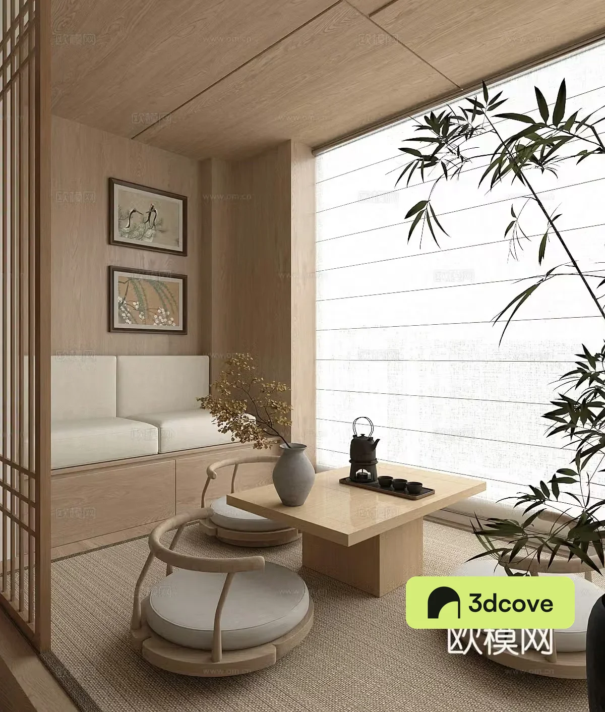 Wasabi Tatami Tea Room New Chinese Tea Room Tatami Tea Table and Chair Chinese Style Hanging Painting 3D Model
