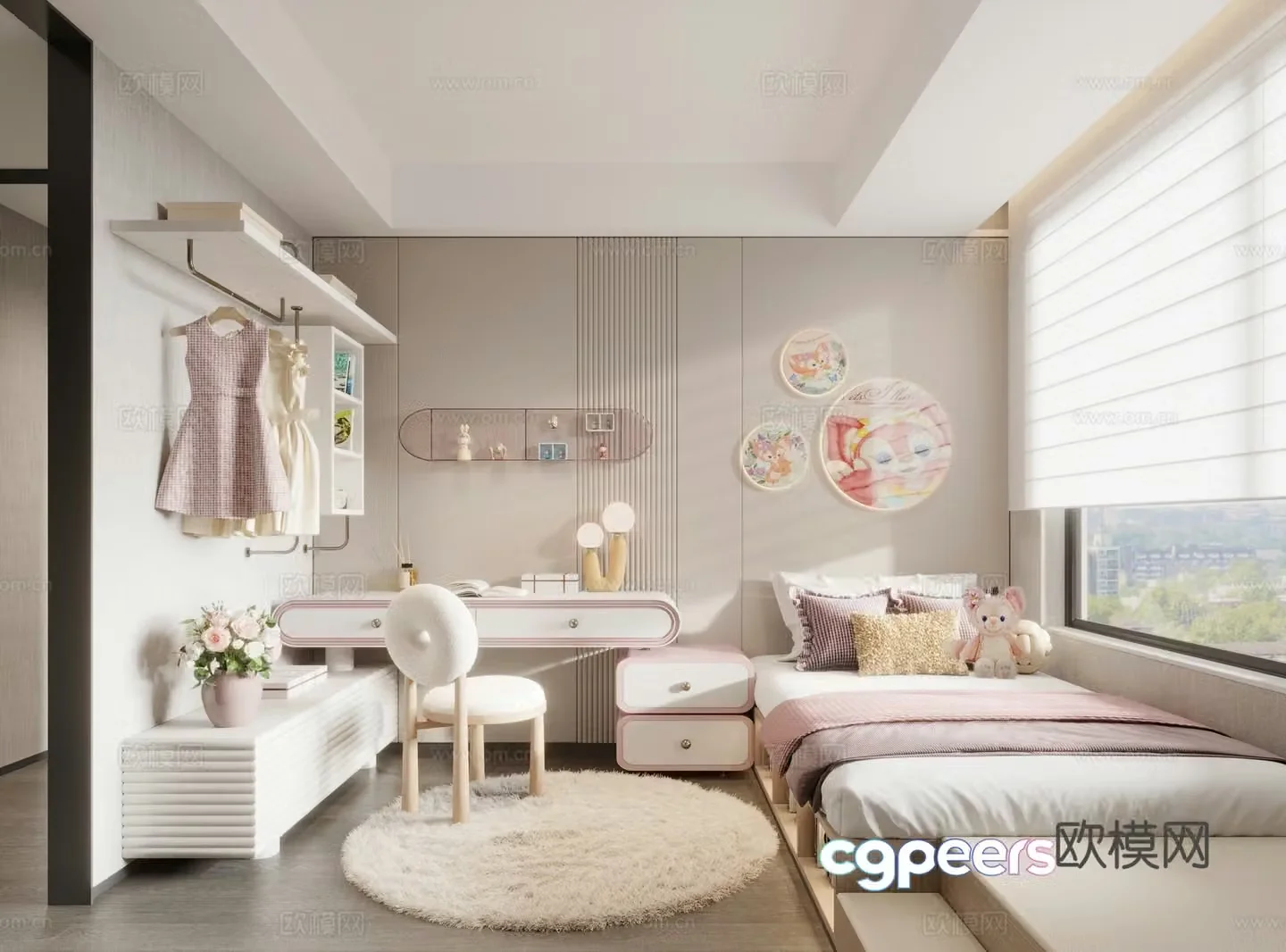Bedroom Girls’ Room Children’s Room Lingnabelle Desk Furry Carpet Bedding Pillow 3D Model