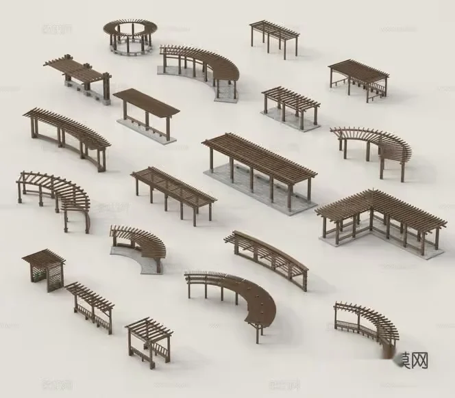 A Collection Of Wooden Pergolas 3D Model – 7038 – VRAY Render
