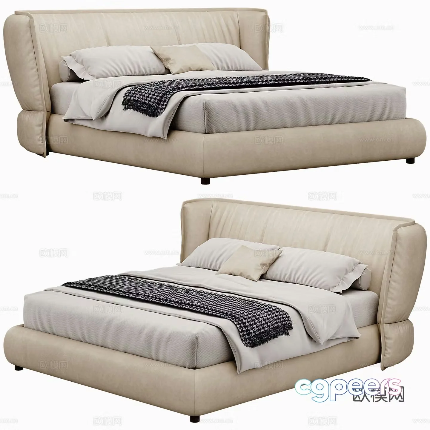 Modern Double Bed Fabric Double Bed Bedroom Bed Frame Bedding Bedding Pillow Holding 3D Model