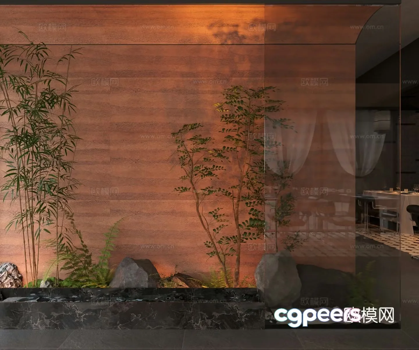 3D model of green plants and flowing water landscape in the home